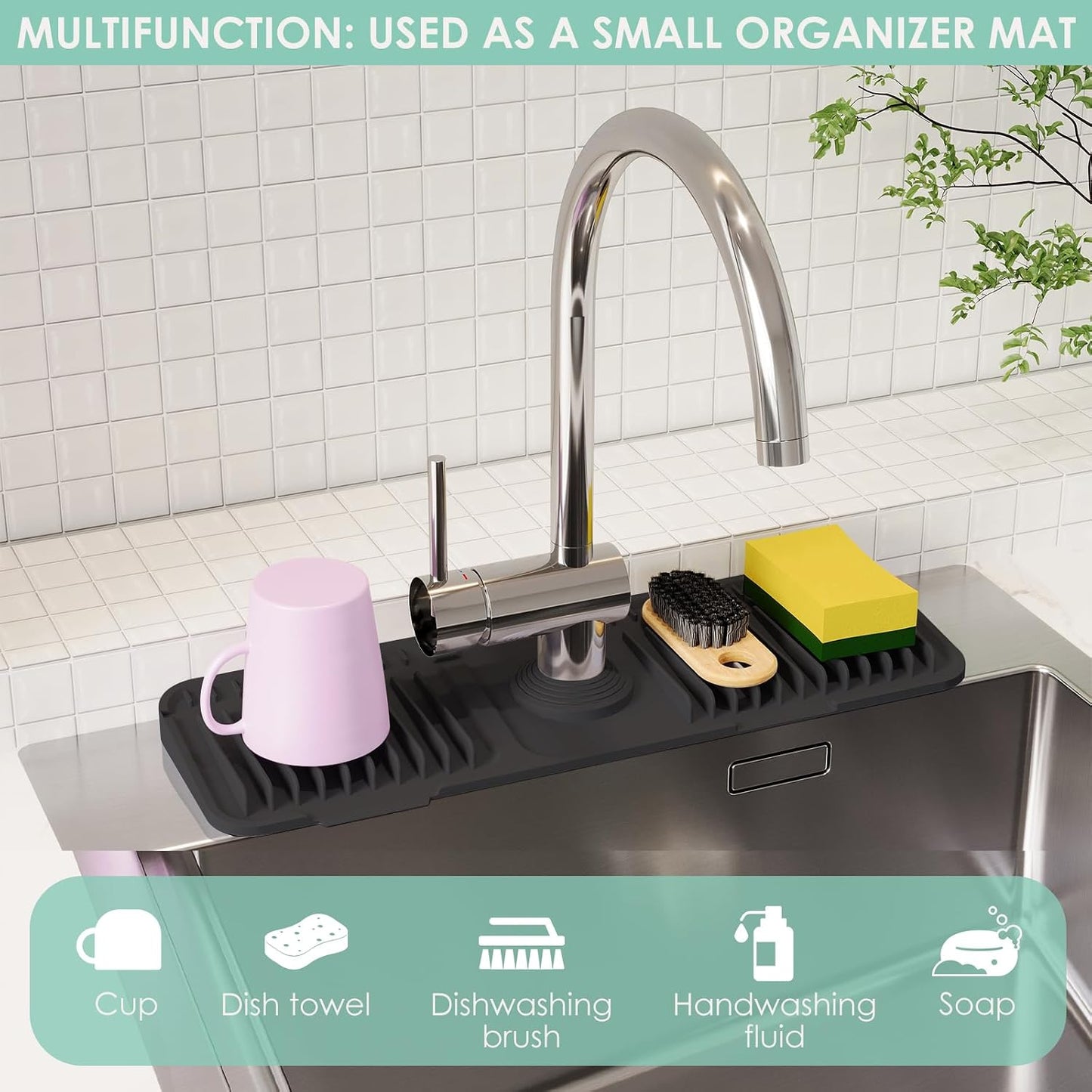 24-Inch Silicone Faucet Mat for Kitchen Sink Splash Guard, 7° Slope | 24"x5.5" water draining mat with fasten button; 1.6-2.75" customizable hole for bathroom, RV & kitchen sink drip catcher.