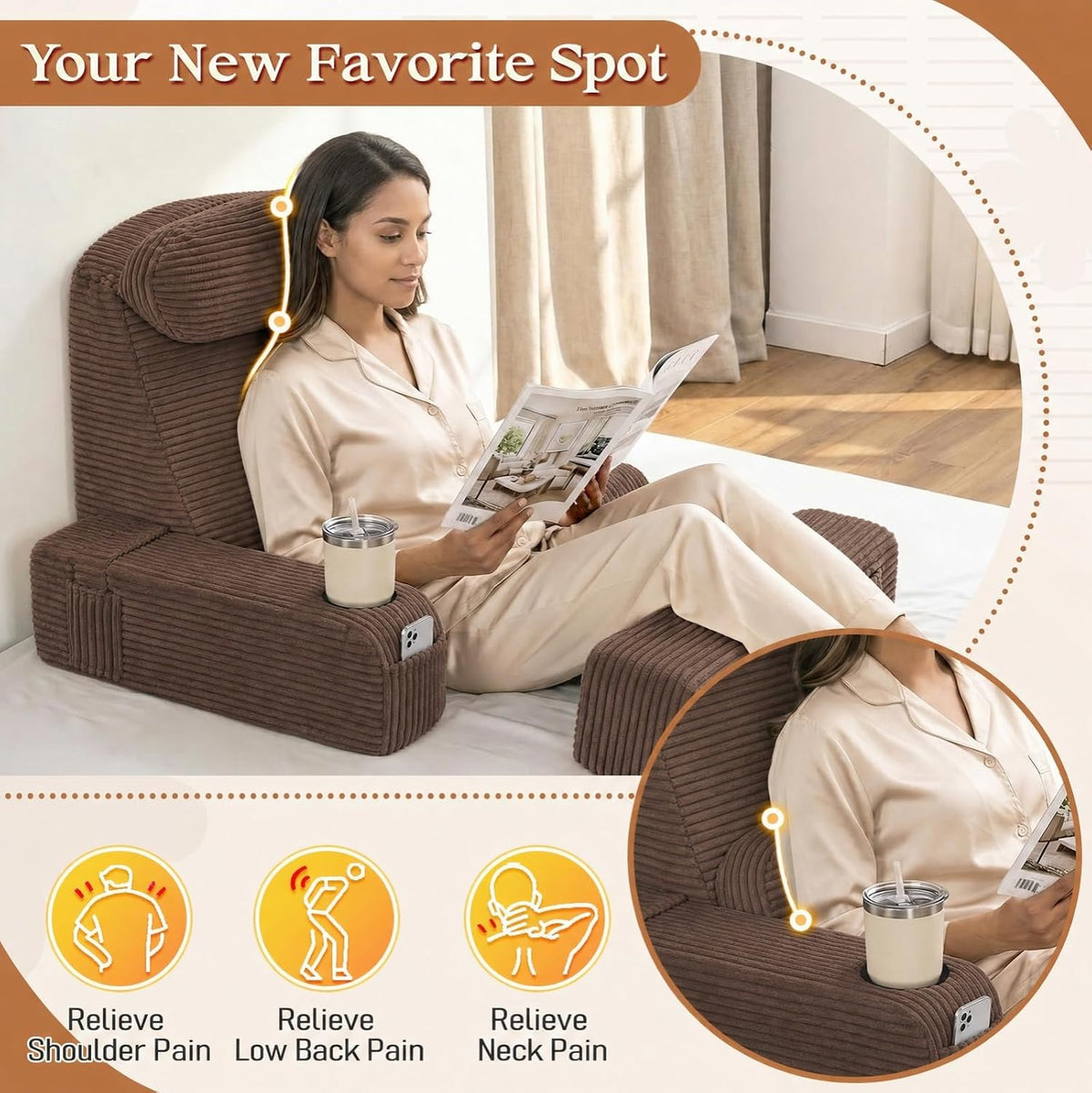 Reading Pillow/Backrest Pillow with Arms, Cup Holder & Phone Pocket