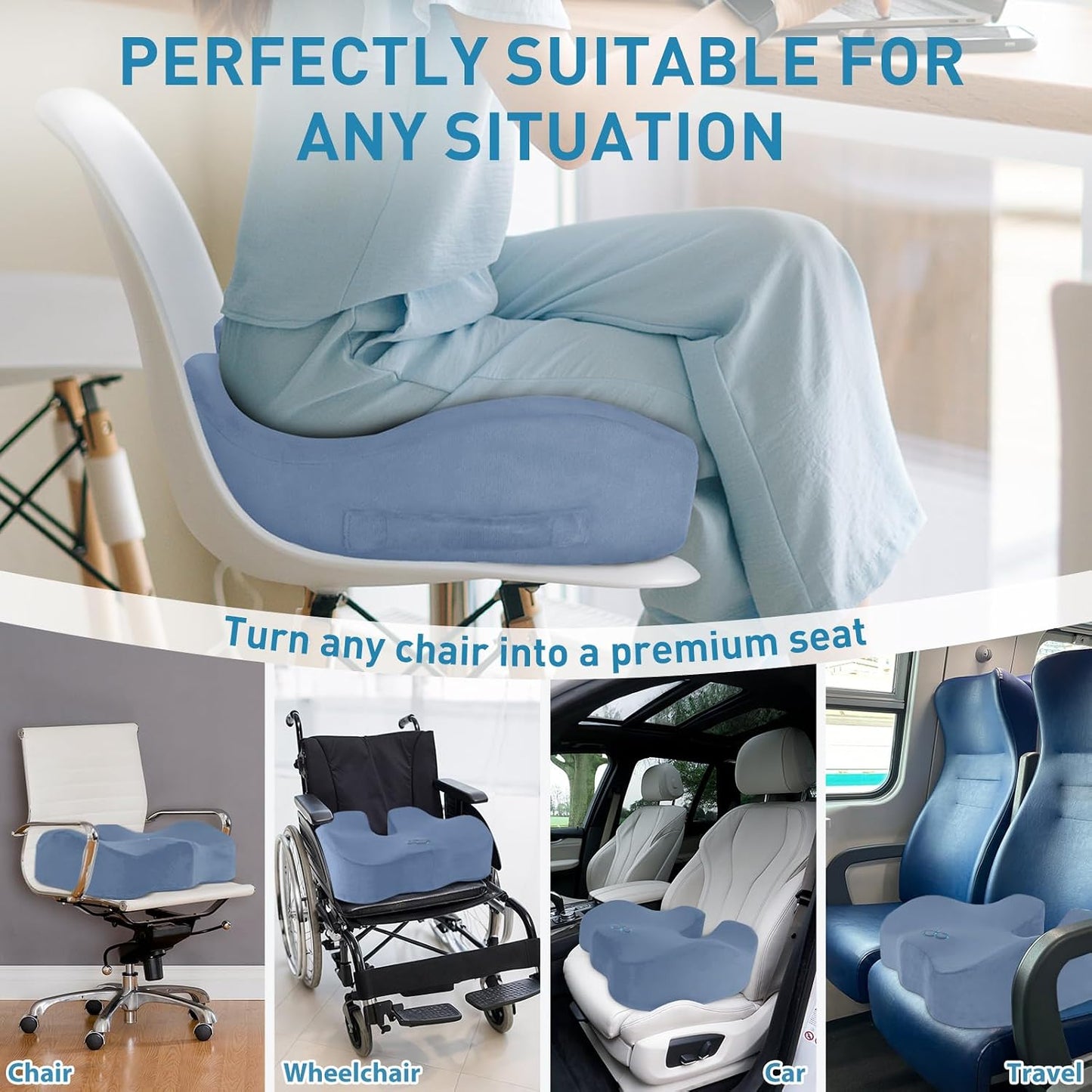 BlissTrends Memory Foam Seat Cushion for Office Chair & Car Seat, Black | 4.7in Ergonomic Tailbone & Sciatica Support with Removable Velvet Cover for Pressure Relief and Long Sitting Comfort