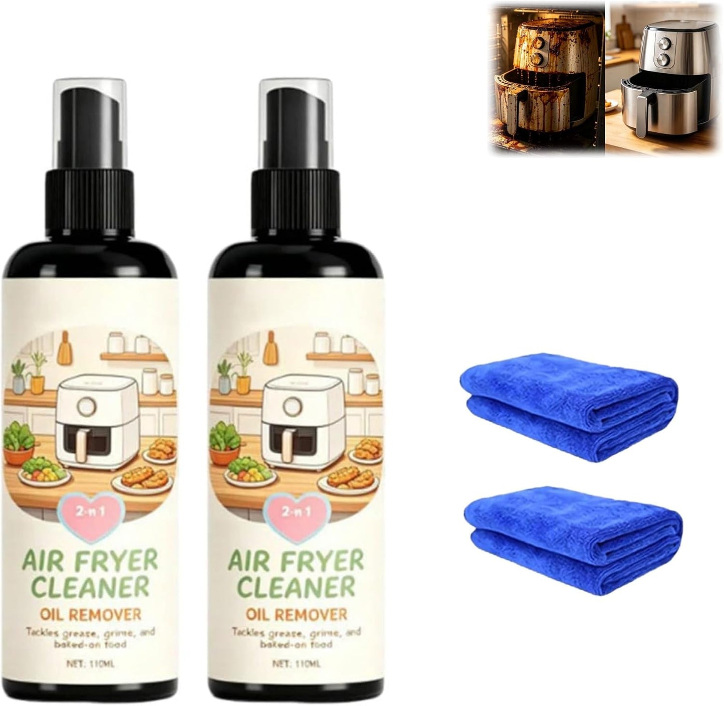 HISKI 2-in-1 Air Fryer Cleaner and Degreaser Spray, Powerful Kitchen Degreaser Foam Spray, Fast and Powerful Oil-Removing Spray (2PCS, 110ml)