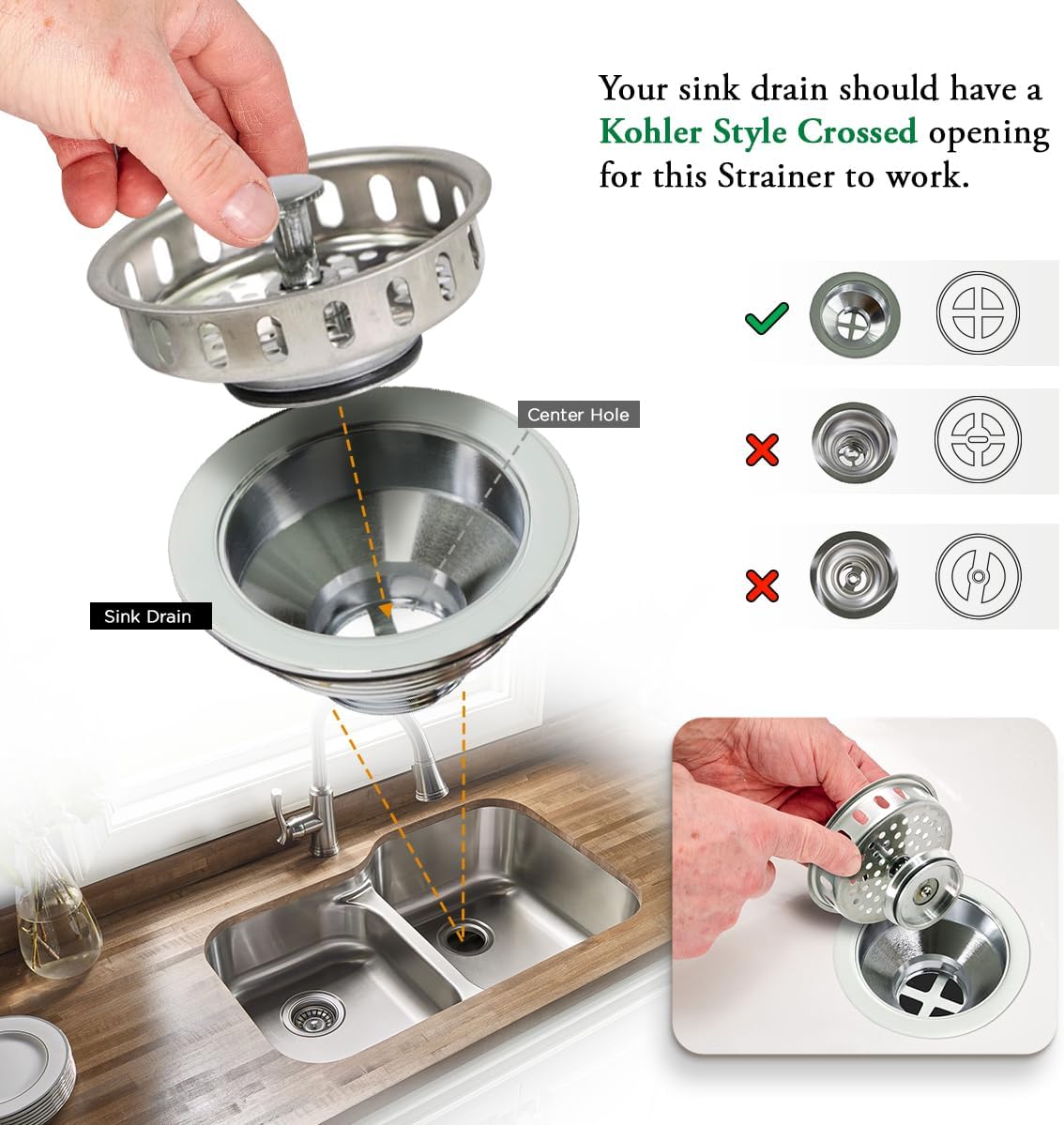 Highcraft 97343 Kitchen Sink Basket Strainer Replacement for Standard Drains (3-1/4 Inch) Stainless Spring Steel Closure and Rubber Stopper, Stainless Steel