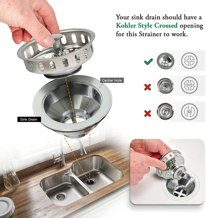 Highcraft 97343 Kitchen Sink Basket Strainer Replacement for Standard Drains (3-1/4 Inch) Stainless Spring Steel Closure and Rubber Stopper, Stainless Steel