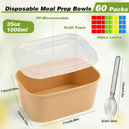 60 Packs 35oz Disposable Meal Prep Containers with Lids & Utensils | Leak-Proof Microwave/Freezer Safe Food Prep Container with Labels , Sturdy Kraft Paper Bowls for Meal Prep, Lunch & Leftovers