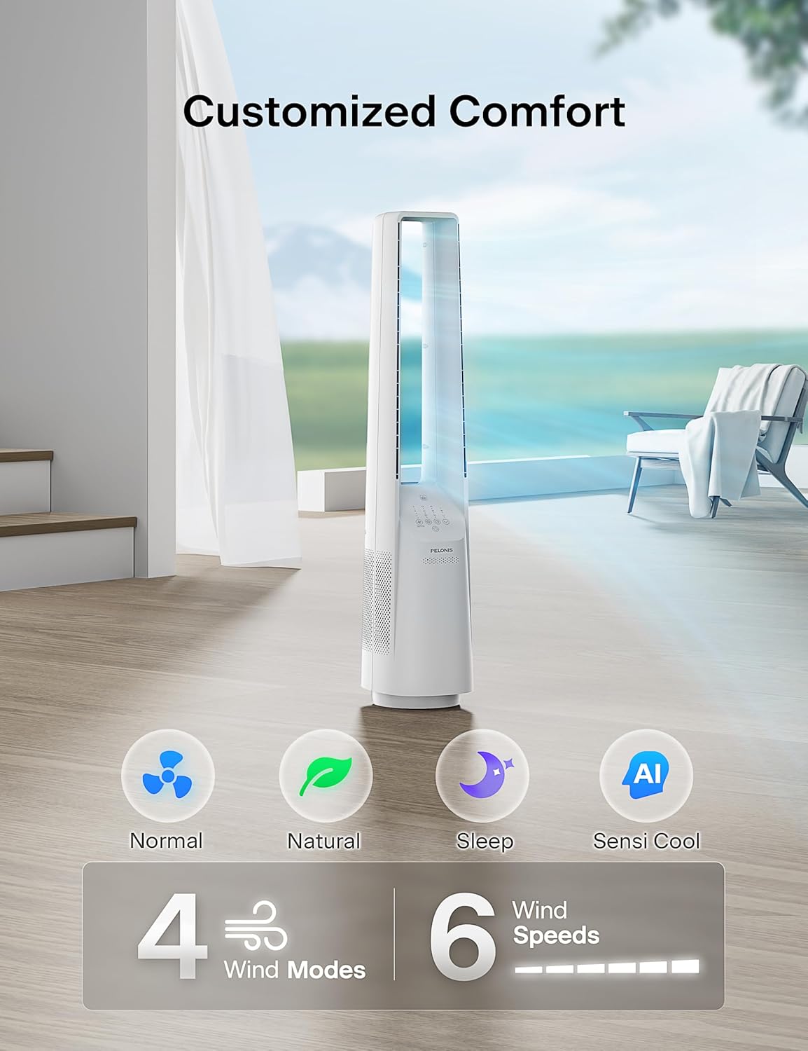PELONIS 40" 90° Oscillation Bladeless Fan for Bedroom with Remote, White | Bladeless Cooling Tower Fan with 6 Speeds, 4 Modes, 26 ft/s, Brushless DC Motor, Quiet 22dB, 7-Hr Timer for Home, Office Use