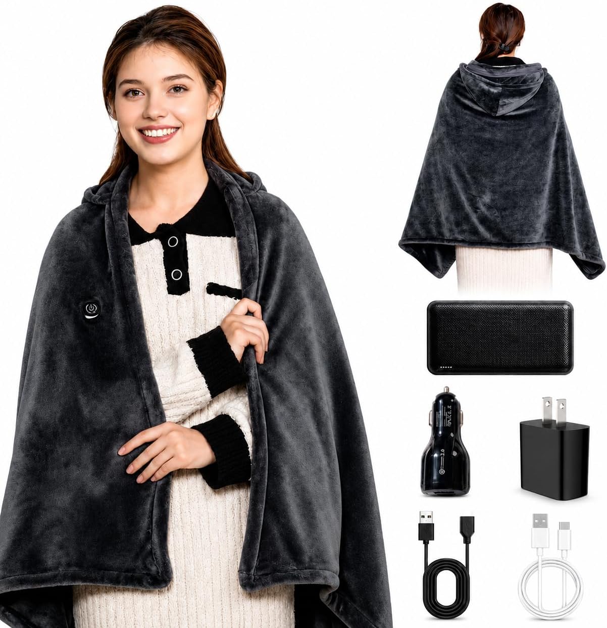 MIMYTH Cordless Heated Blanket with Hood, Rechargeable Wearable Heated Blanket Battery Powered, Lasting Battery, 9 Heating Zones, 3 Levels, Portable Heated Throw, Camping (Warm Stone Gray)