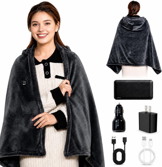 MIMYTH Cordless Heated Blanket with Hood, Rechargeable Wearable Heated Blanket Battery Powered, Lasting Battery, 9 Heating Zones, 3 Levels, Portable Heated Throw, Camping (Warm Stone Gray)