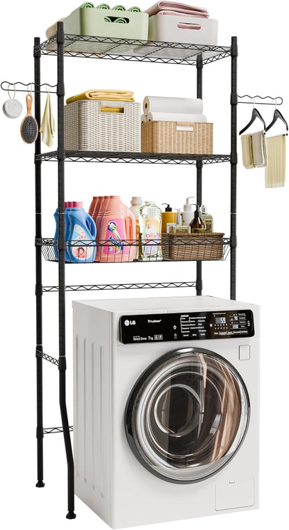 Laundry Room Storage Shelf & Organizer, 2 Tier Metal Over Washer and Dryer Shelves, Washing Machine Shelf with Hanger Rod, Expandable Bathroom Space Saver Shelf, 26–37" L x 15.8" W x 59.5" H, Black