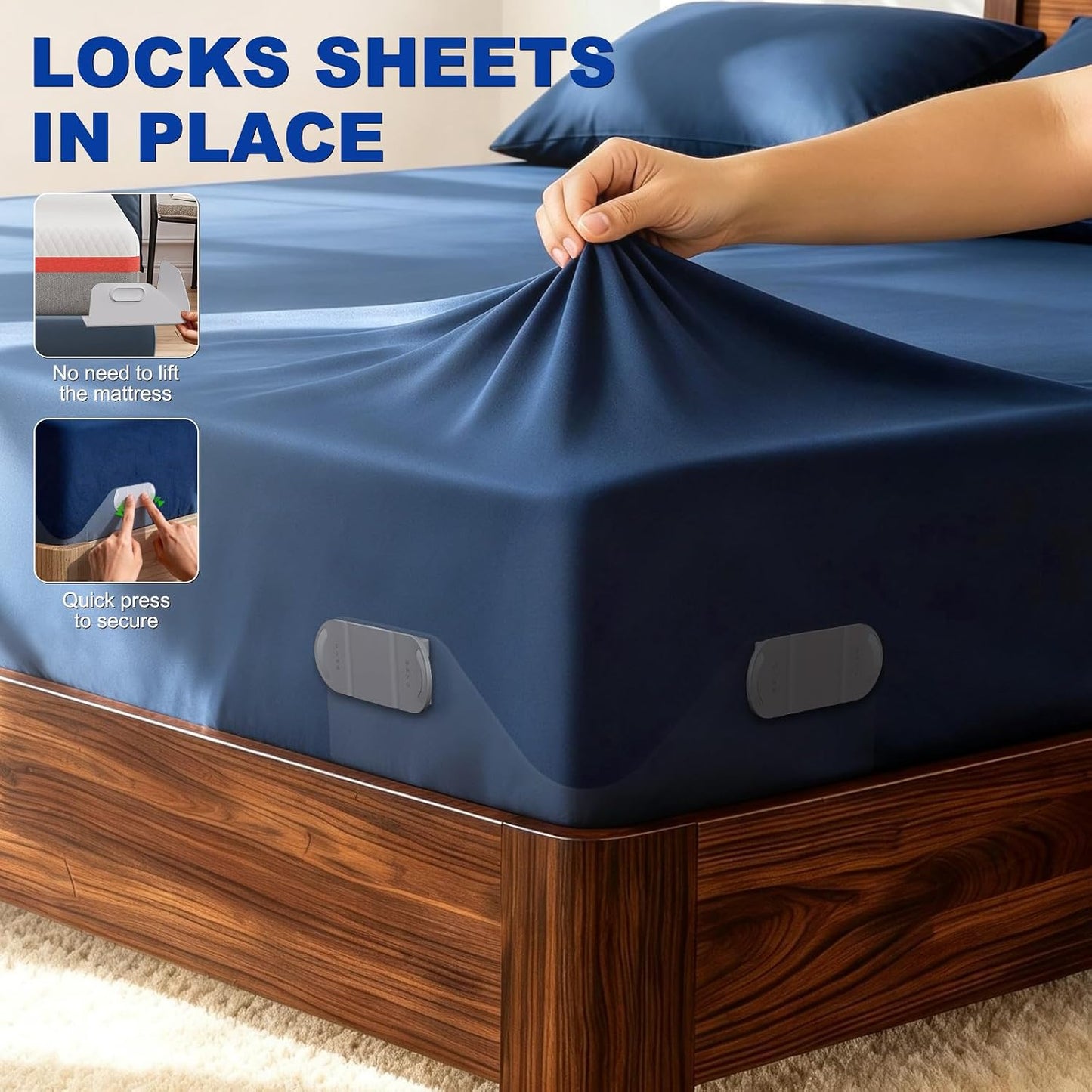 B-Land Bed Sheet Holders for Corners:4 Pack Non-Stretch External Clips- Fitted Sheet Grippers for Deep Pockets- No-Lift for Dorm & RV Beds, Keep Sheets Tight on Memory Foam & Twin-King (White+Grey)