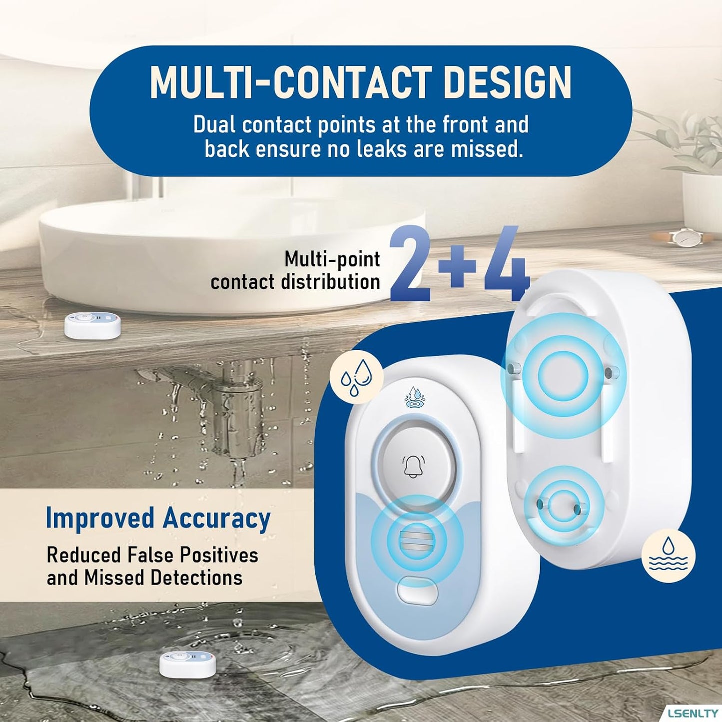 LSENTLY Water Leak Detector Supports 5 Years Standby Time, LED Indicator & 100dB Leak Alarm & Low Battery Reminder Water Alarm, IP66 Waterproof for Home, 3 Pack (Cannot Connect Wi-Fi)