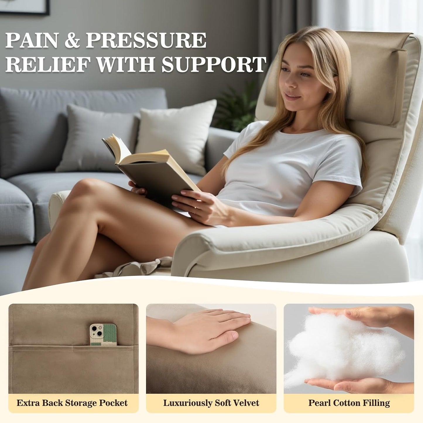 Recliner Headrest Pillow, Adjustable Comfort Neck & Head Support Pillow | Soft Velvet, Weighted Non-Slip Flap, Adjustable Filling, Washable Cover, for Recliners, Sofas, Office Chairs