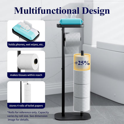 Kitsure Metal Toilet Paper Holder Free Standing, Medium, Black | Rustproof Toilet Paper Stand for 4 Rolls, Bathroom Organizers and Storage with Anti-Slip Base and Plastic Shelf