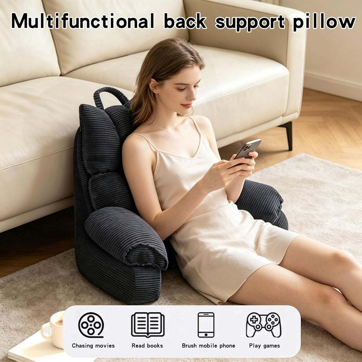 Reading Pillow for Bed with Arms, Back Support, Memory Foam（Grey Black）