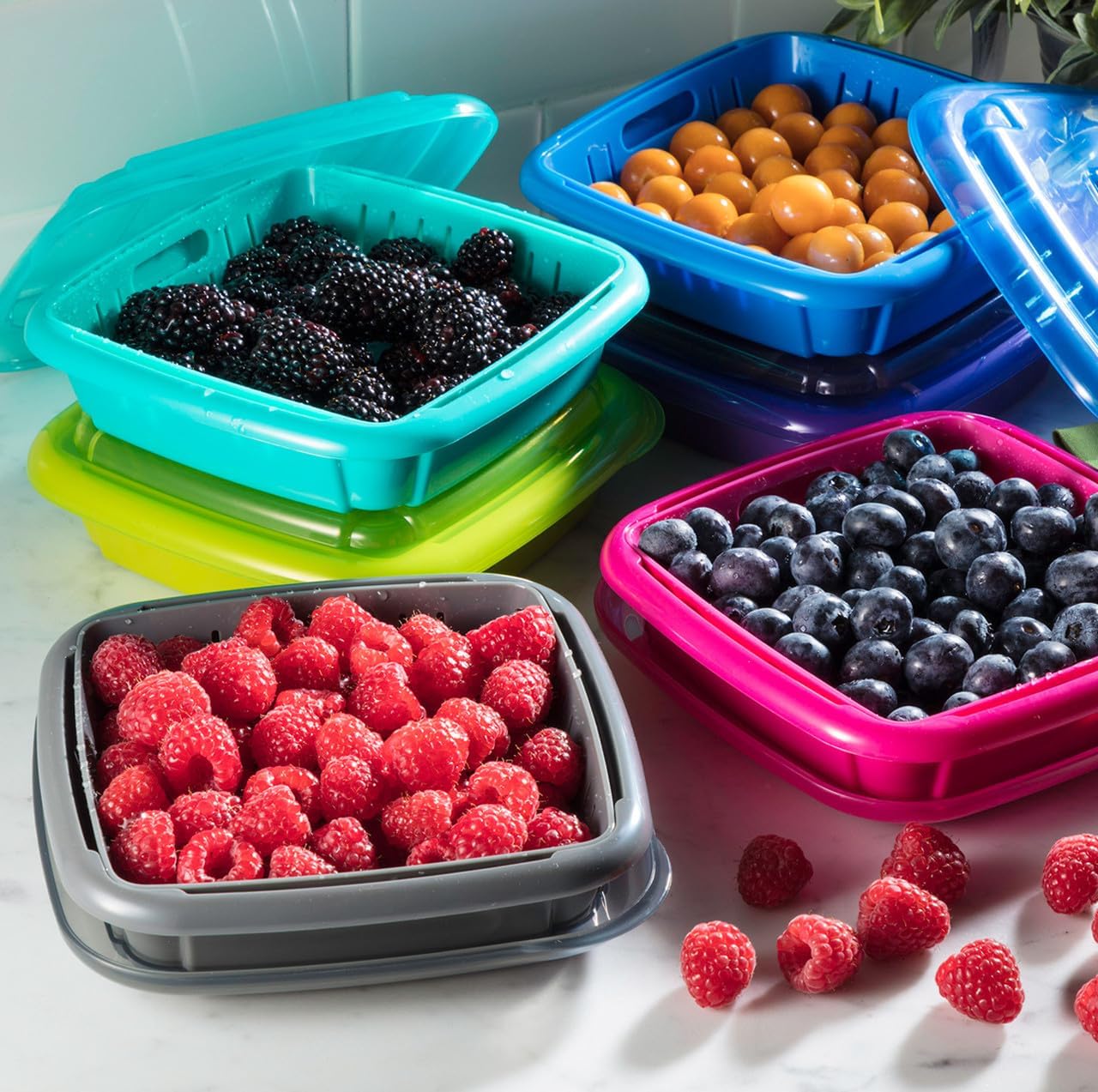 Hutzler 3-in-1 Bitty Box Berry Keeper, Berry Colander & Saver Container, 9oz / 1 Cup Capacity, Blue