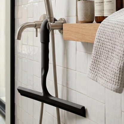 Shower Squeegee for Glass Doors, 8-Inch Silicone, Fishtail Hook, Black | One-Piece Silicone Squeegee for Shower Glass, Fishtail Hook, Non-Slip Grip, Quiet Glide; Tile, Mirrors, Windows & Car Glass