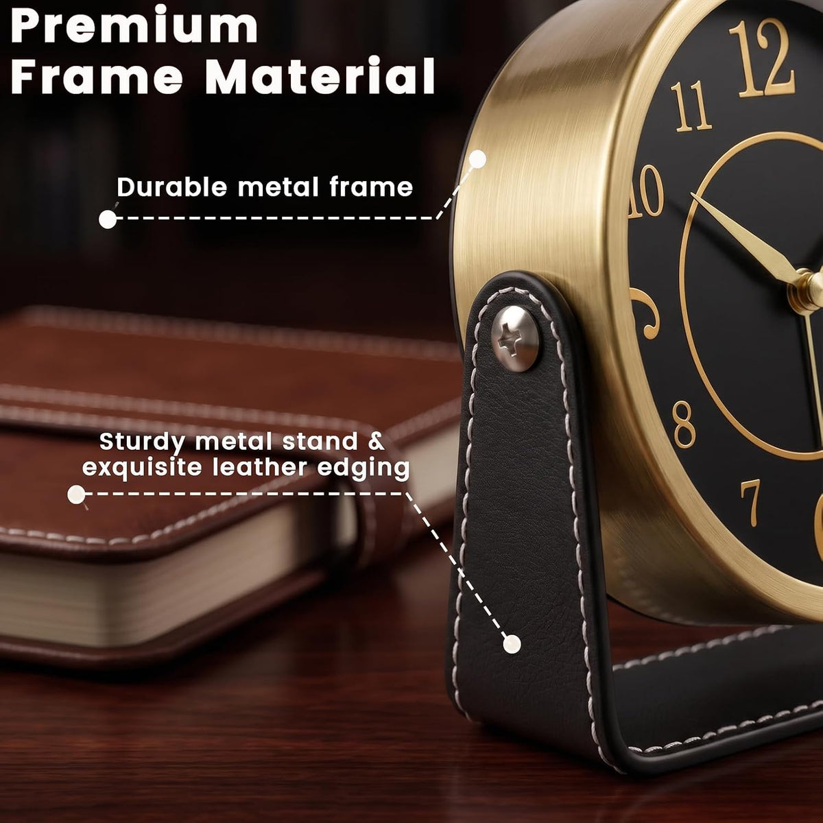 Analog Alarm Clock - 4.5" Silent Non Ticking Small Clock with Light, Rotatable Stand Metal Desk Clock Battery Operated, Simple Design for Living Room Decor/ Bedroom/Bedside/Shelf (Black & White)