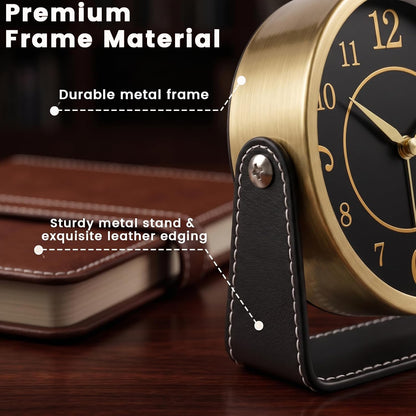 Analog Alarm Clock - 4.5" Silent Non Ticking Small Clock with Light, Rotatable Stand Metal Desk Clock Battery Operated, Simple Design for Living Room Decor/ Bedroom/Bedside/Shelf (Black & White)