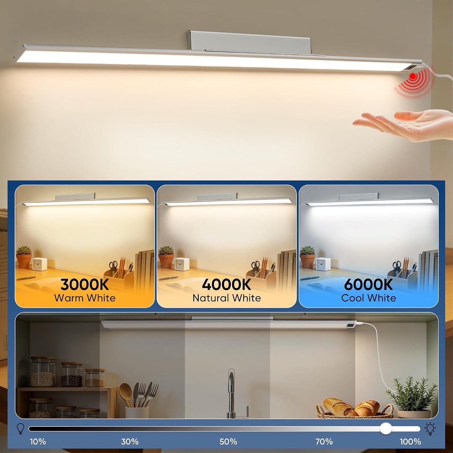 HEYAN 16inch Under Cabinet Lighting, Wall-Mounted Study Lights | 3 Color Temps&Dimmable Hand Sweep Sensor, 90° Rotatable ,Non-Rechargeable, Magnetic Under Closet Lights for Reading,Work
