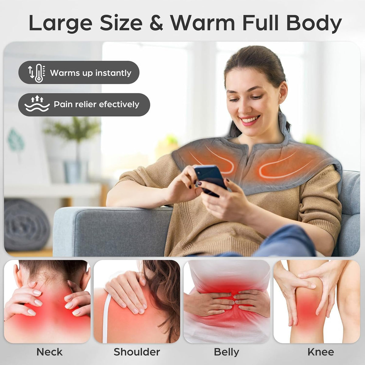 Electric Heating Pad for Back Neck Shoulders Pain Relief, 6 Heat Levels/Auto Shut-Off, 24"x 36" Large Electric Heated Pads, Gifts for Women Men Mom Dad Elderly, Gray