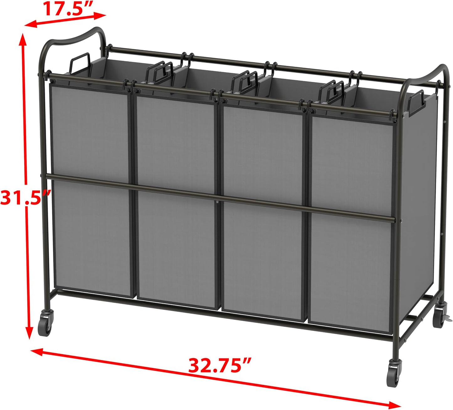 Simple Houseware 4-Bag Heavy Duty Laundry Sorter Rolling Cart, Dark Grey | Removable Bags and Lockable Wheels for Laundry Room Organization
