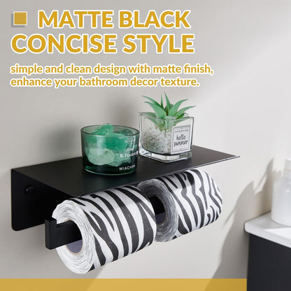 APLusee Matte Black Toilet Paper Holder with Storage Shelf, Wall Mounted | Rustproof 304 Stainless Steel, 2-in-1 Functional Toilet Paper and Phone Storage, Fits Bathroom, Restroom, Vanity, Kitchen