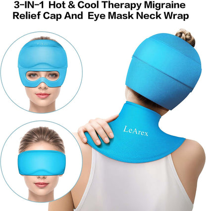 3 in 1 Migraine Relief Cap Neck Ice Pack Wrap Gel and Ice Eye Masks, Detachable Ice Caps with Eyes Masks, Hot and Cold Therapy for Relief of Headaches, Stiff Neck and Eye Fatigue (Purple)