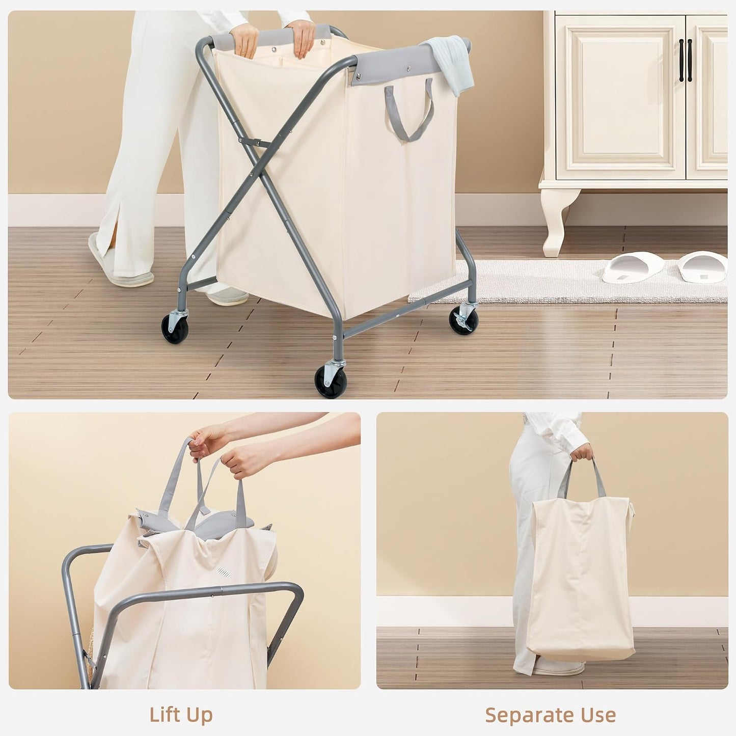 STORAGE MANIAC 160L Collapsible Laundry Hamper with Wheels, Rolling Laundry Basket, Heavy Duty Cloth Sorter with Removable Bag, Folding X Frame Clothes Organizer Cart for Easy to Store, 3 Section