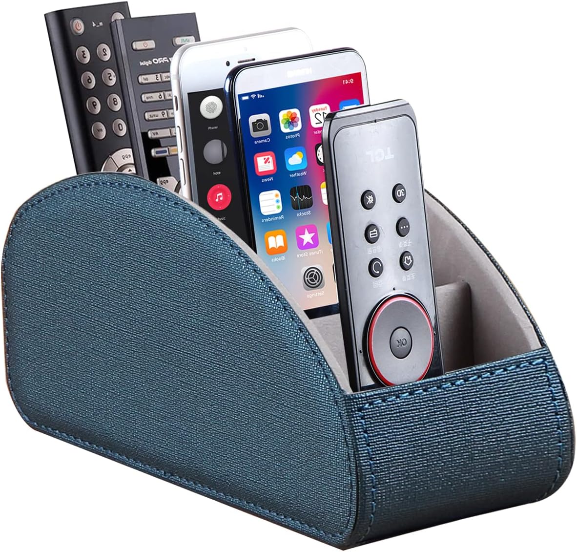 Pu Leather TV Remote Control Holder with 5 Compartments,Remote Caddy/Tray | Bedside Table Desk Storage Box/Organizer for Pen,DVD,Blu-Ray,Media Player,Heater Controller,Cosmetics,Glasses,Office Supplies