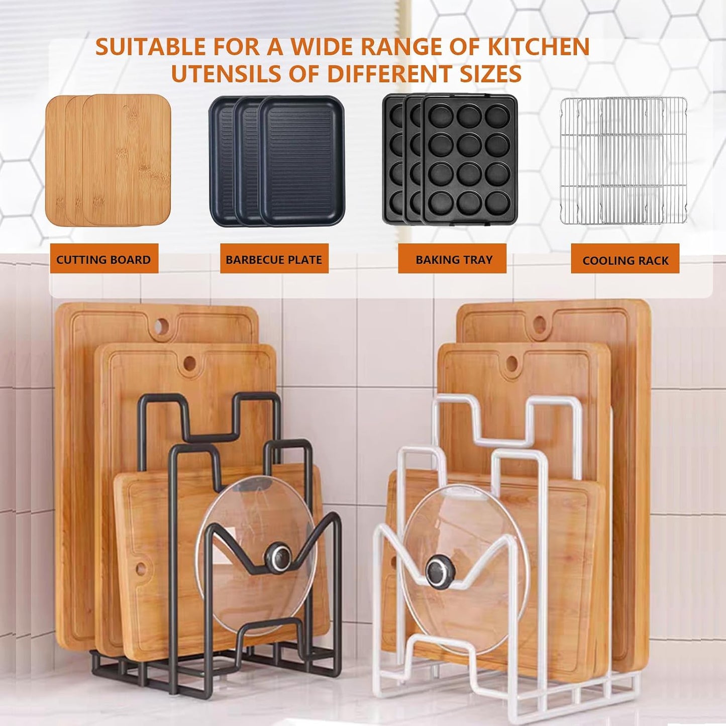 Multifunctional Cutting Board Organizer, Cutting Board Holder Rack Baking Cookie Pan Sheets Cooling Racks Storage Stand for Kitchen Cabinet -Divided Holder with 4 Slots (2PS Black)