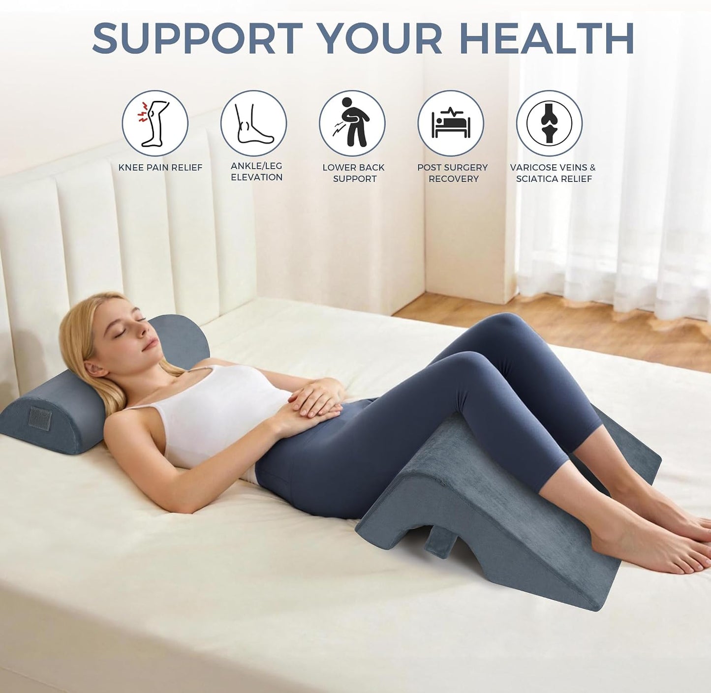 Ganondorf Knee Pillow for Back Sleeping, Premium Foam Wedge Pillow for Legs, Leg Elevation Pillow with Removable Washable Cover, Triangle Pillow for Knee, Hip & Back Support, Grey