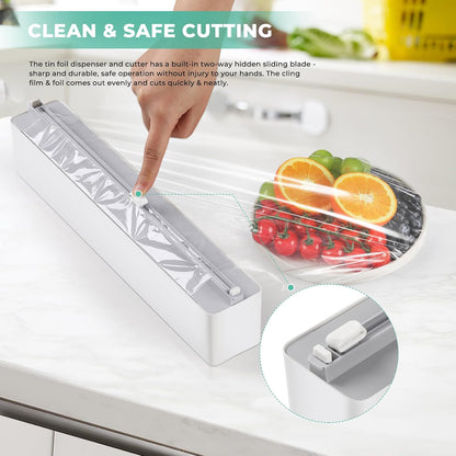 Magnetic Plastic Wrap Dispenser with Cutter - Practical Refillable Aluminum Tin Foil and Plastic Wrap Organizer for Drawer, Including an Extra Roll of 12"X 164' Food Cling Film - Black