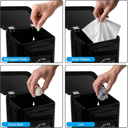 DreamsEden Laundry Lint Bin with Brush, Magnetic Wall Mount Container, 7 x 10 inch Steel Lint Collector 3.5L Storage Holder Organizer for Dryer Sheets Wool Balls Laundry Pods (Black)