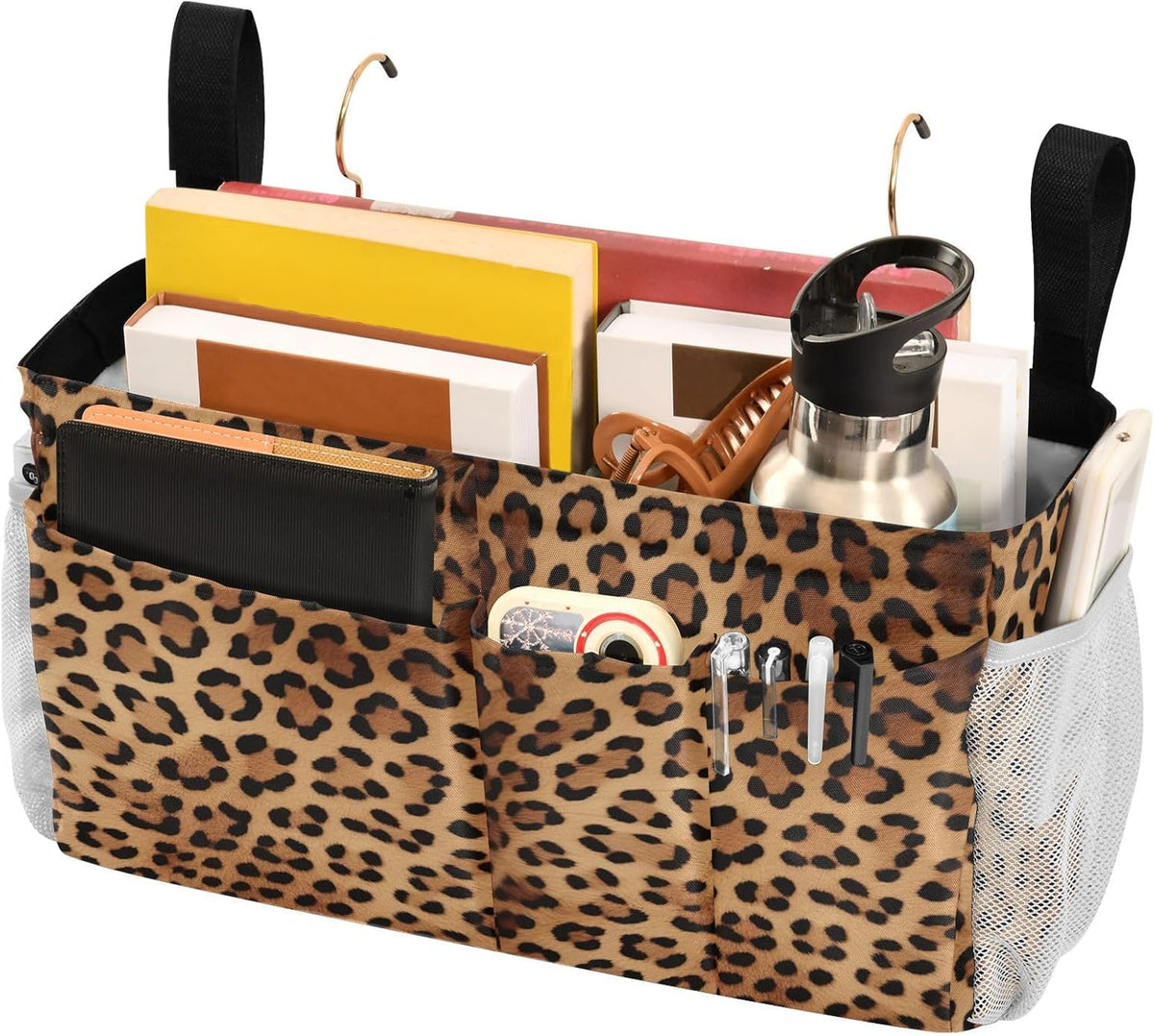YETTASBIN Leopard Print Bedside Caddy Hanging Storage Organizer Bag with 2 Straps & Hooks for Bunk Beds, College Dorm, Hospital Bed - Holder for Books, Phone, Magazine, Glasses, Keys