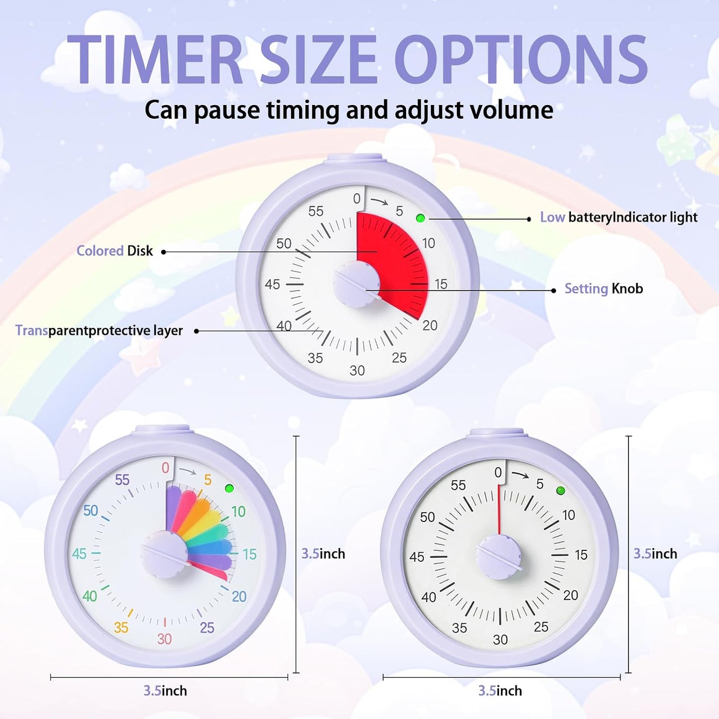 Visual Timer for Kids 60 Minute Countdown Timer Rainbow Disk Desk Timer Clock for Classroom Study Office Kitchen with Silent Operation (Purple)