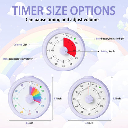 Visual Timer for Kids 60 Minute Countdown Timer Rainbow Disk Desk Timer Clock for Classroom Study Office Kitchen with Silent Operation (Purple)