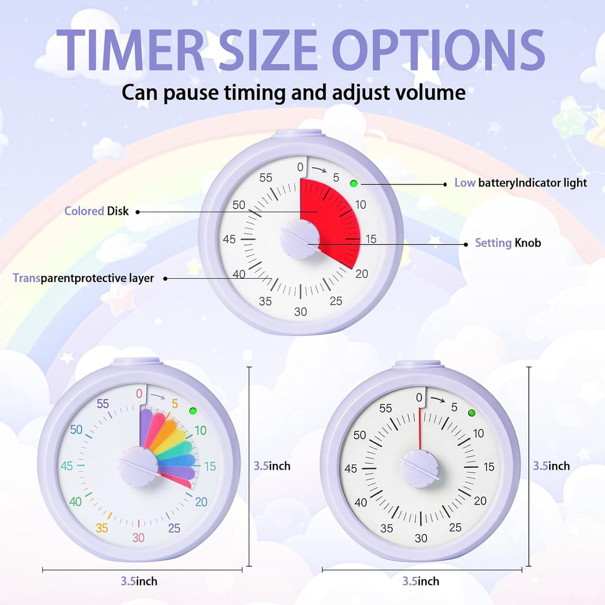 Visual Timer for Kids 60 Minute Countdown Timer Rainbow Disk Desk Timer Clock for Classroom Study Office Kitchen with Silent Operation (Purple)