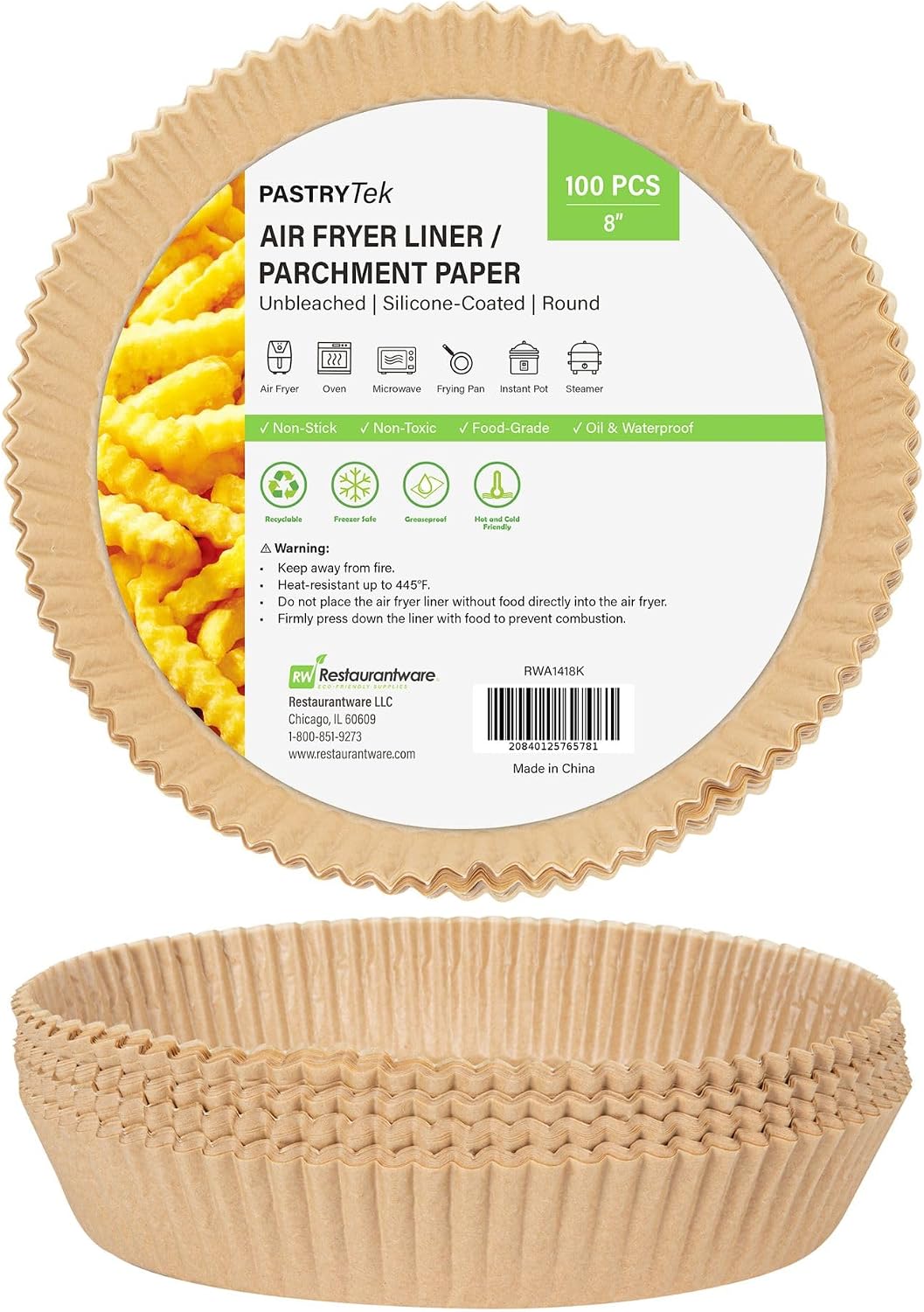 Restaurantware-Pastry Tek 8.1 x 5.5 x 1.8 Inch Air Fryer Liners, 100 Rectangle Air Fryer Baskets - No-Stick Silicone Coating, Unbleached, Food-Grade Paper Liners, For Steamer, Microwave, Oven