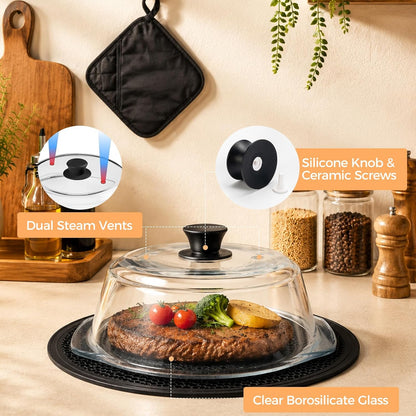 Glass Microwave Splatter Cover for Food with Silicone Trivet | Sturdy Glass Plate Guard Lid with Vent Holes & Easy-Grip Knob - BPA Free, Dishwasher Safe - 9.5inch, Includes Oven Mitt