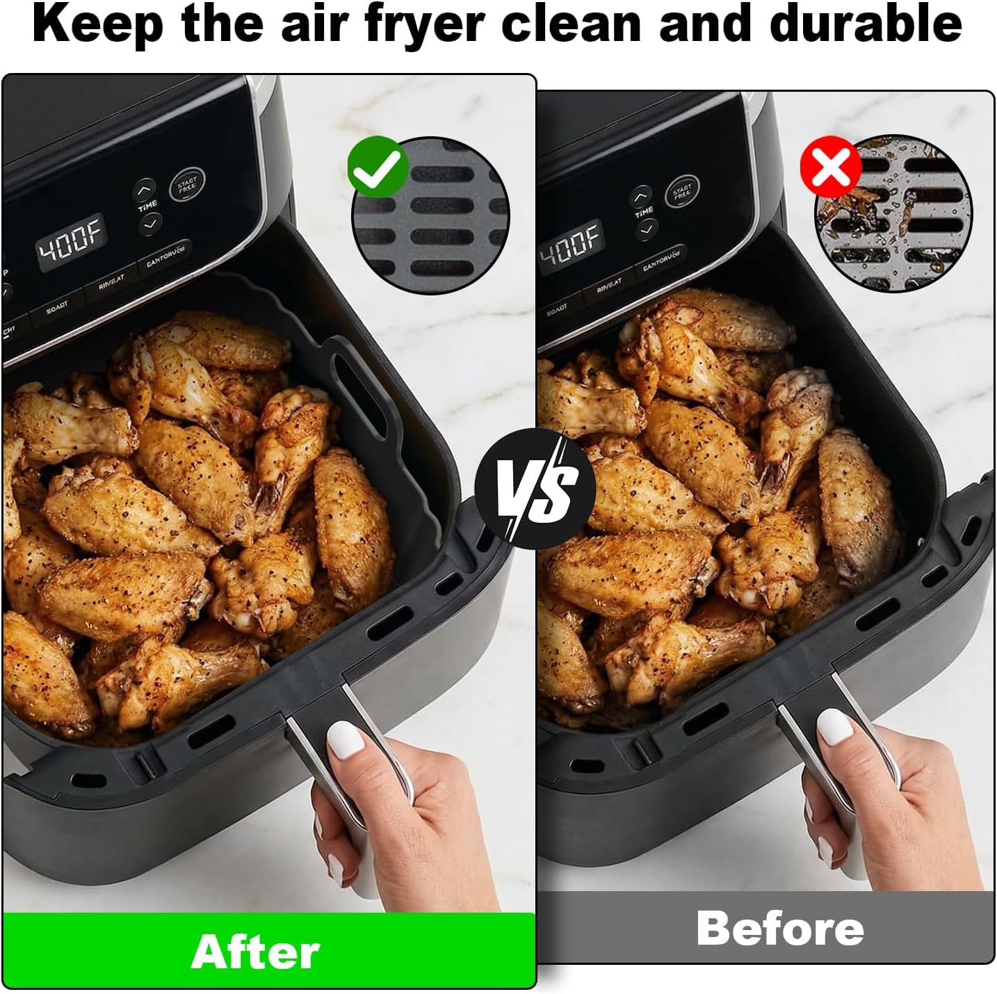 Silicone Air Fryer Liners 2 Pack, Reusable Compatible for Ninja Foodi DZ201, DZ401, DZ550, DZ302, COSORI 9QT, Chefman, Instant, and 6-in-1 8-10QT Dual Baskets