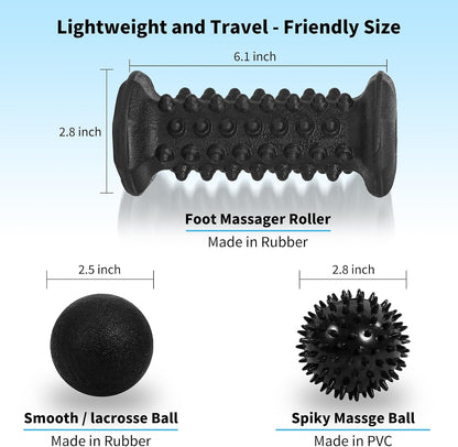 Foot Massager Roller Set for Plantar Fasciitis, Arch and Heel Pain Relief | Includes Foot Roller, lacrosse and spiky massage balls for deep tissue trigger point muscle therapy and neuropathy relief