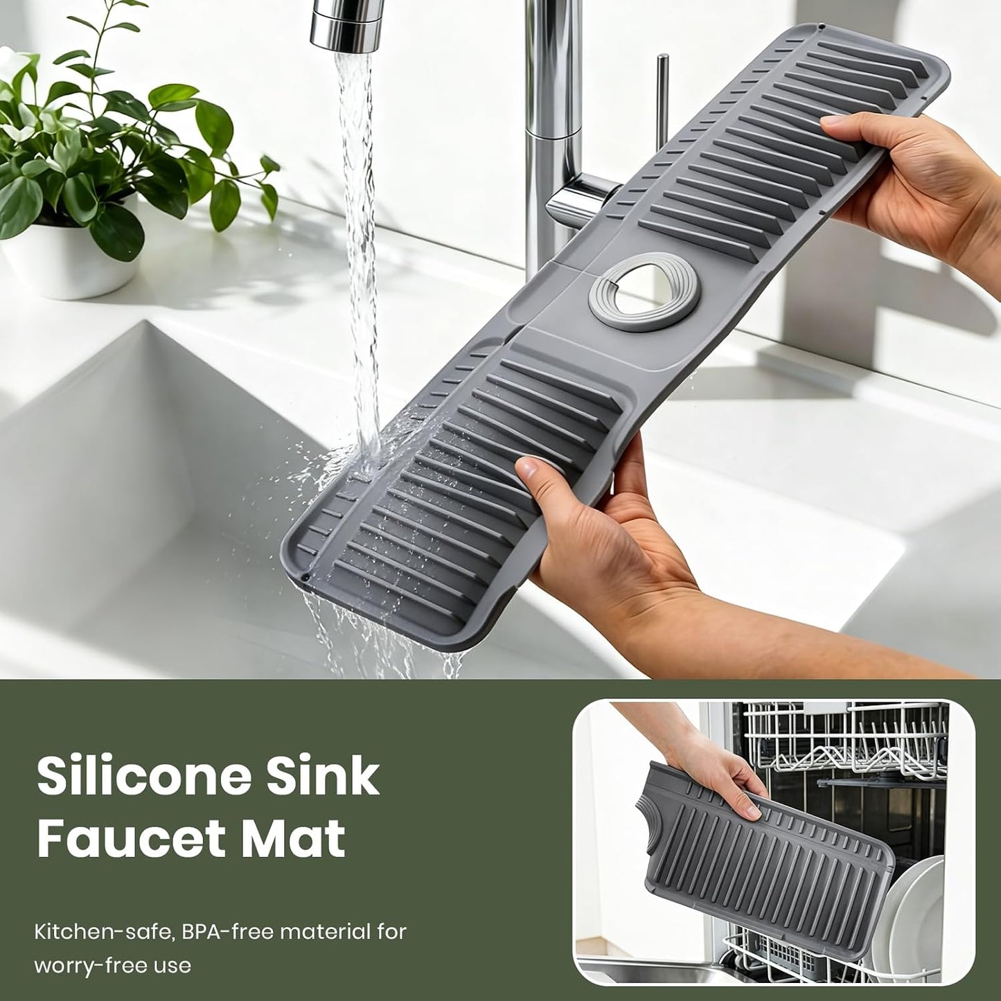 24 Inch Faucet Mat for Kitchen Sink, Silicone Splash Guard for Kitchen Sink Area, 7° Slope Fast Self-Draining Sink Mat, Cuttable Hole Design, Sink Backsplash Guard Draining Mat, Grey