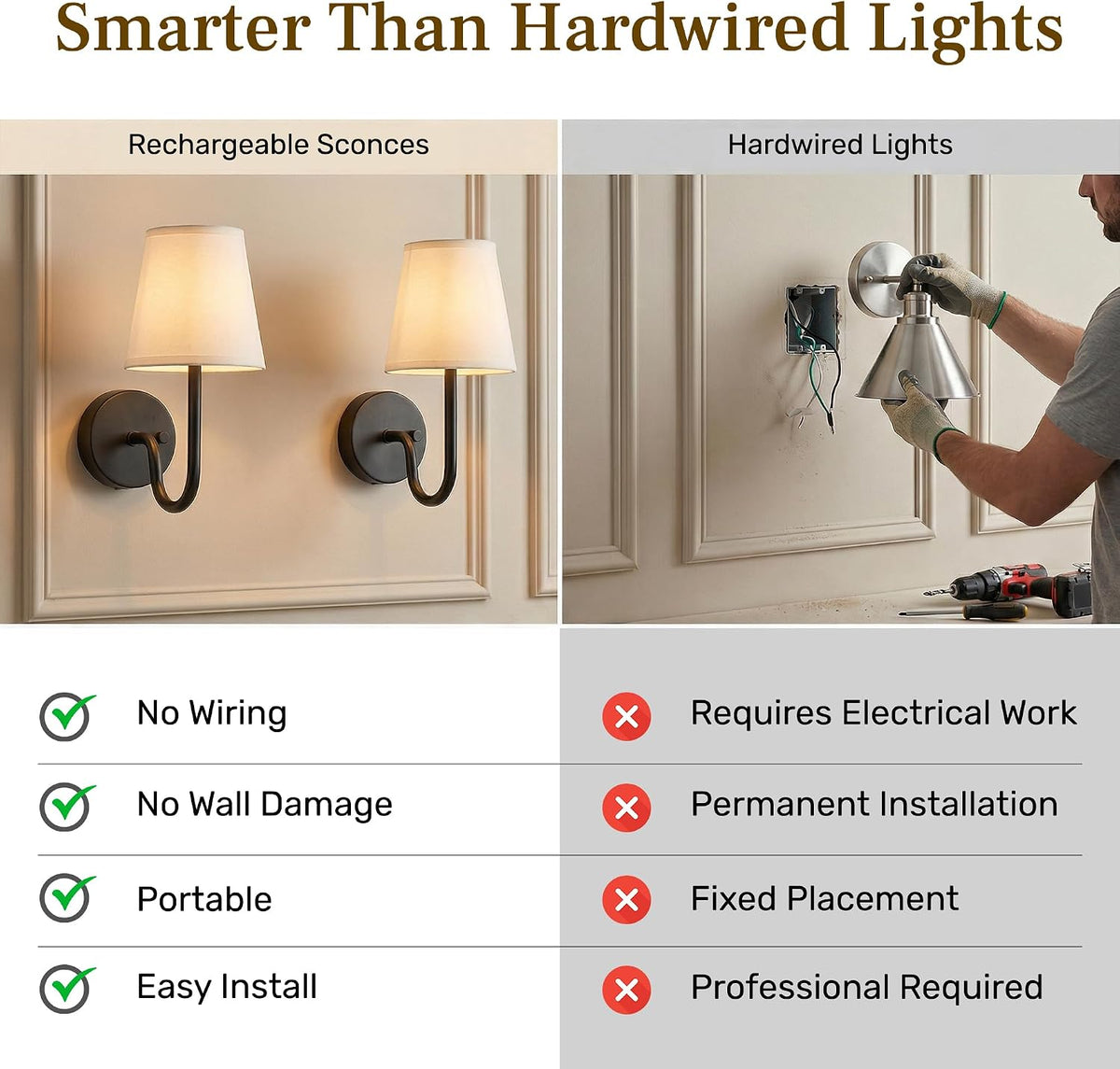 Bell+Howell 2 Pk Rechargeable Wall Sconces Set of Two - Gold