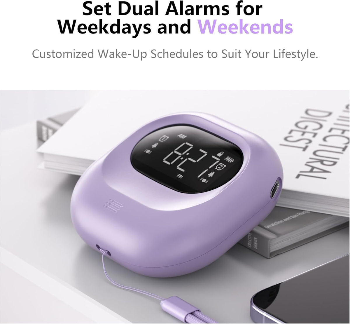 Vibrating Alarm Clock Rechargeable Battery Operated Cordless & Dual Alarms