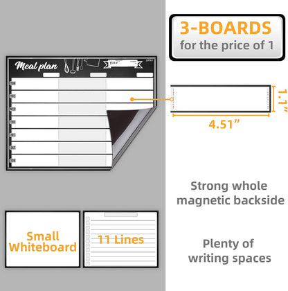 JJPRO Magnetic Dry Erase Meal Planning Whiteboard for Refrigerator-One 14.5x11 Weekly Menu Board and Two Notes Whiteboard for Kitchen Fridge-Refrigerator Organizer with Meal Planner Boards