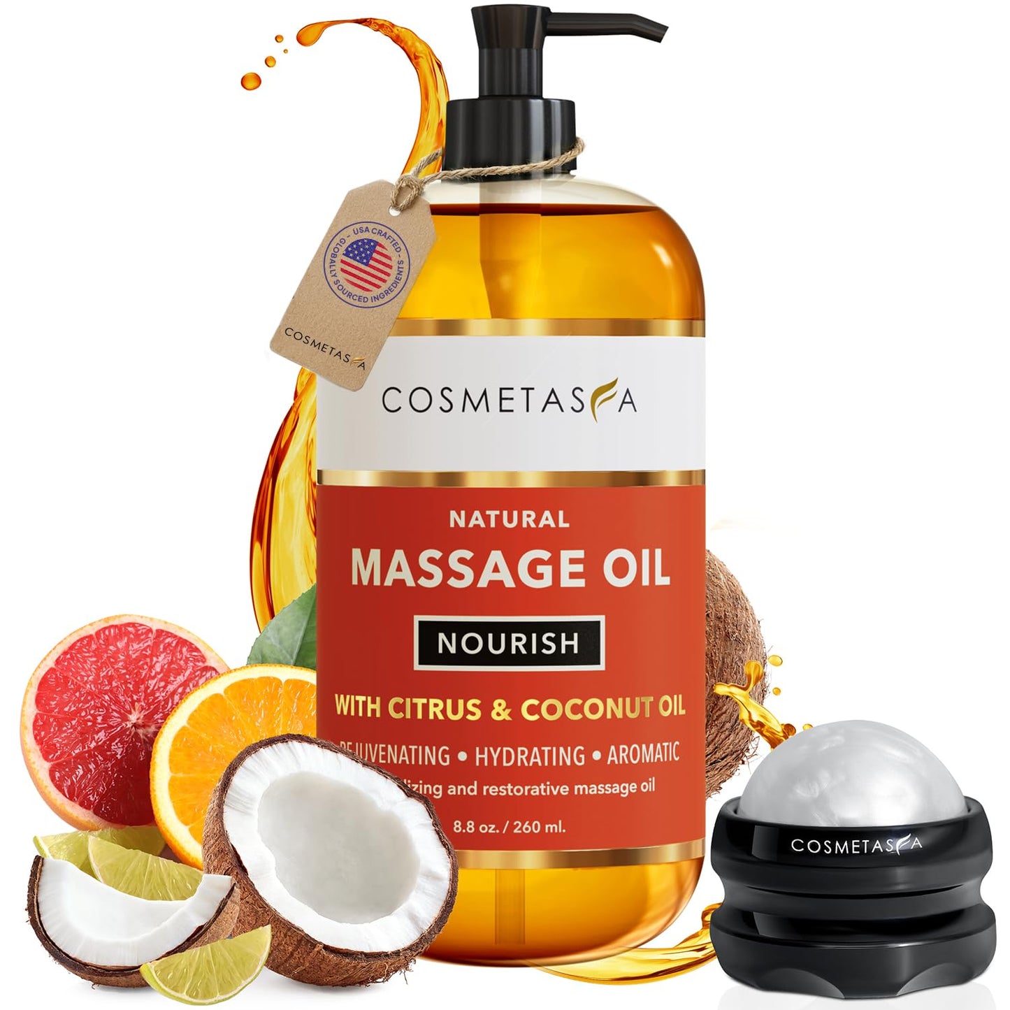 Cosmetasa Massage Oil for Sore Muscle Massage Therapy with Roller - All Natural, Cruelty-Free Massage Oils for Muscle Relaxing & Joint Comfort - Arnica Extract with Lavender & Chamomile Oil (8.8 oz)