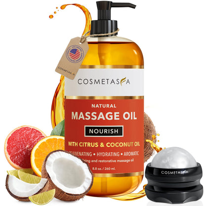 Cosmetasa Massage Oil for Sore Muscle Massage Therapy with Roller - All Natural, Cruelty-Free Massage Oils for Muscle Relaxing & Joint Comfort - Arnica Extract with Lavender & Chamomile Oil (8.8 oz)
