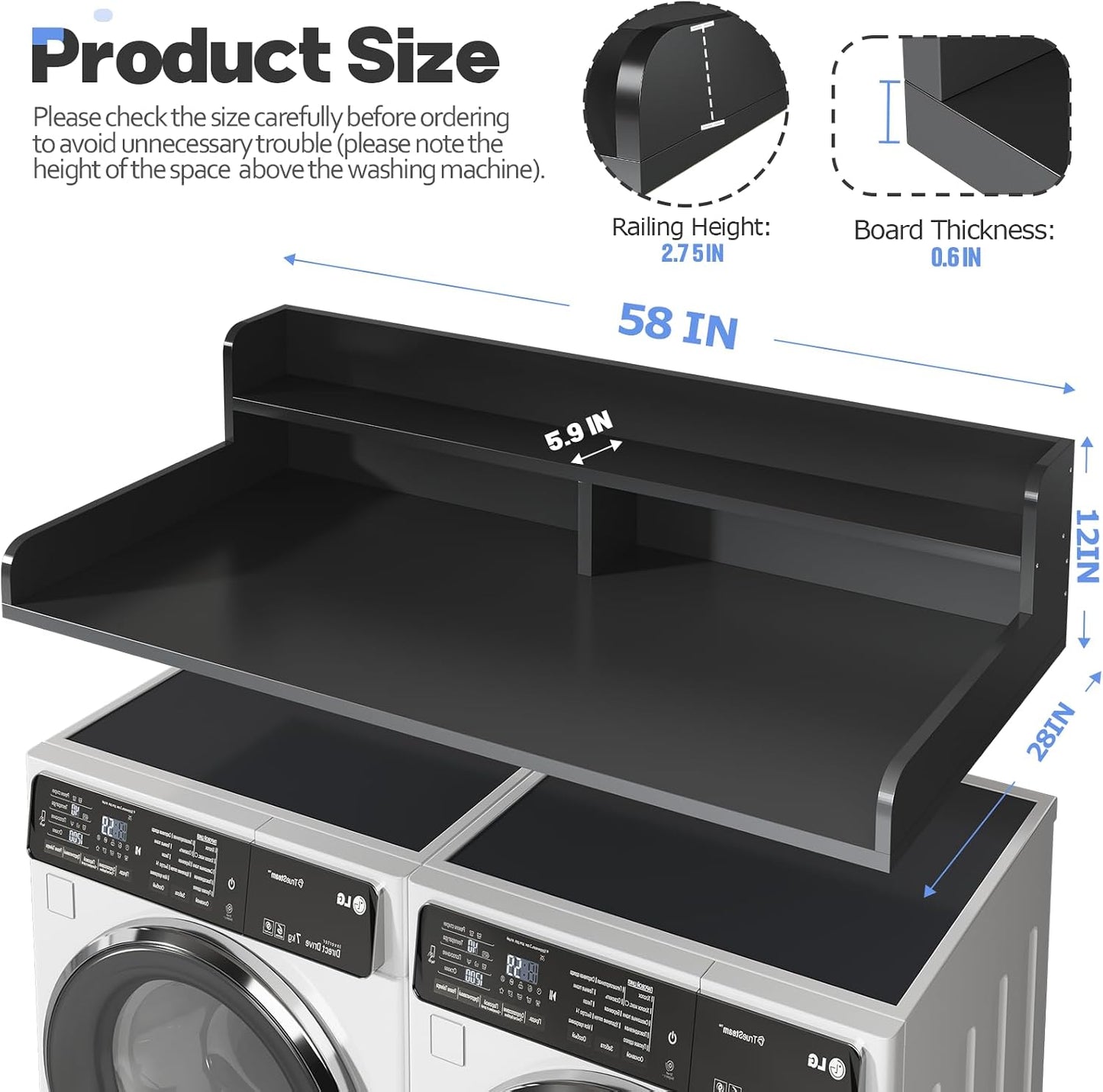 2-Tier Washer and Dryer Countertop with 2.75" H Guard,54" W x 27.5" D Laundry Countertop Cover with Non-Slip Pad,Large Space Laundry Topper for Folding Clothes Over Washer and Dryer-White