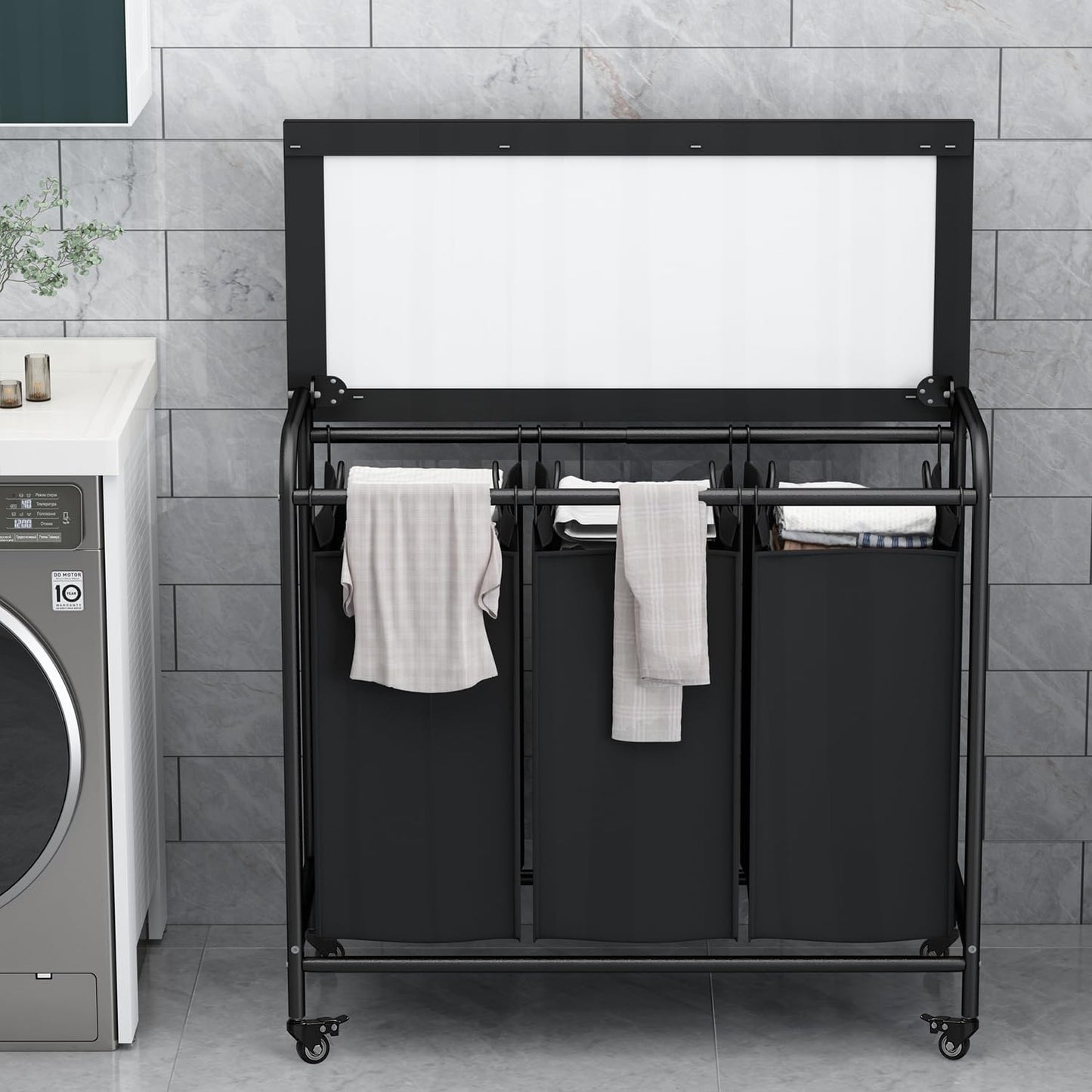 LINZINAR 3 Section Laundry Hamper, Black Laundry Basket 135L Laundry Sorter | Laundry Room Organization with Heavy Duty Rolling Lockable Wheels and Removable Bag, Bedroom Laundry Cart for Clothes Storage