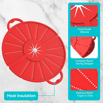 Foldable Silicone Splatter Screen for 10-13'' Pans with Handle,Red| Foldable Splash Guard, Multi-Use Grease Splatter Guard/Trivet Mat,Non-Stick Oil Splatter Guard,BPA-Free,Dishwasher Safe