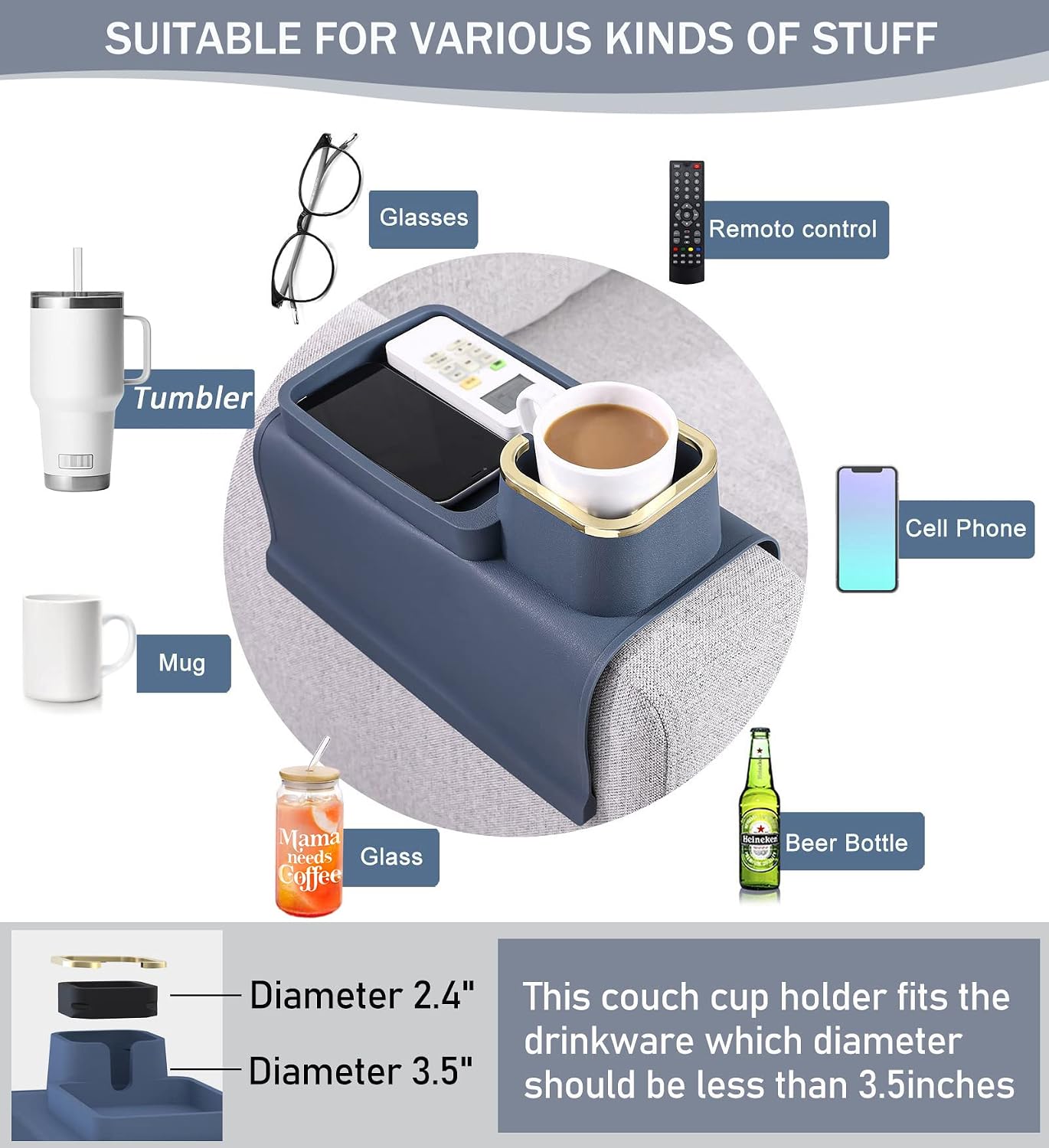 HMASYO Couch Cup Holder Tray – Weighted Silicone Sofa Armrest Organizer Table with Anti-Spill Coaster, Easy Reach for Drink, Snacks, Remote & Phone, Non-Slip Base, Easy Clean