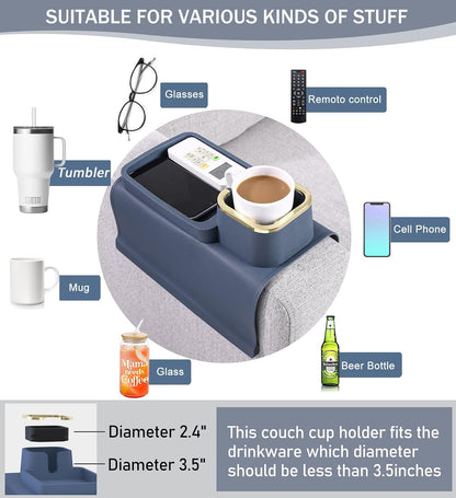 HMASYO Couch Cup Holder Tray – Weighted Silicone Sofa Armrest Organizer Table with Anti-Spill Coaster, Easy Reach for Drink, Snacks, Remote & Phone, Non-Slip Base, Easy Clean